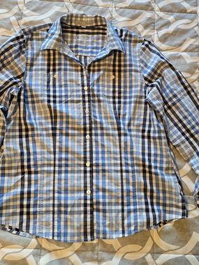 Ladies Foxcroft Blue and White Plaid Button-Down Shirt Size 16